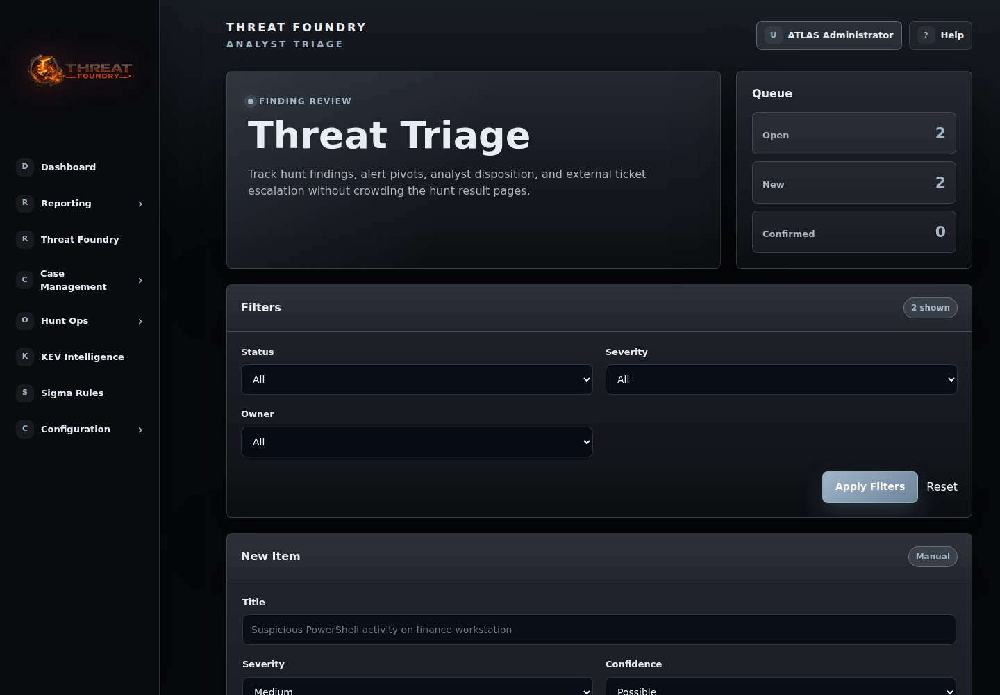 Threat Foundry triage queue for reviewed findings
